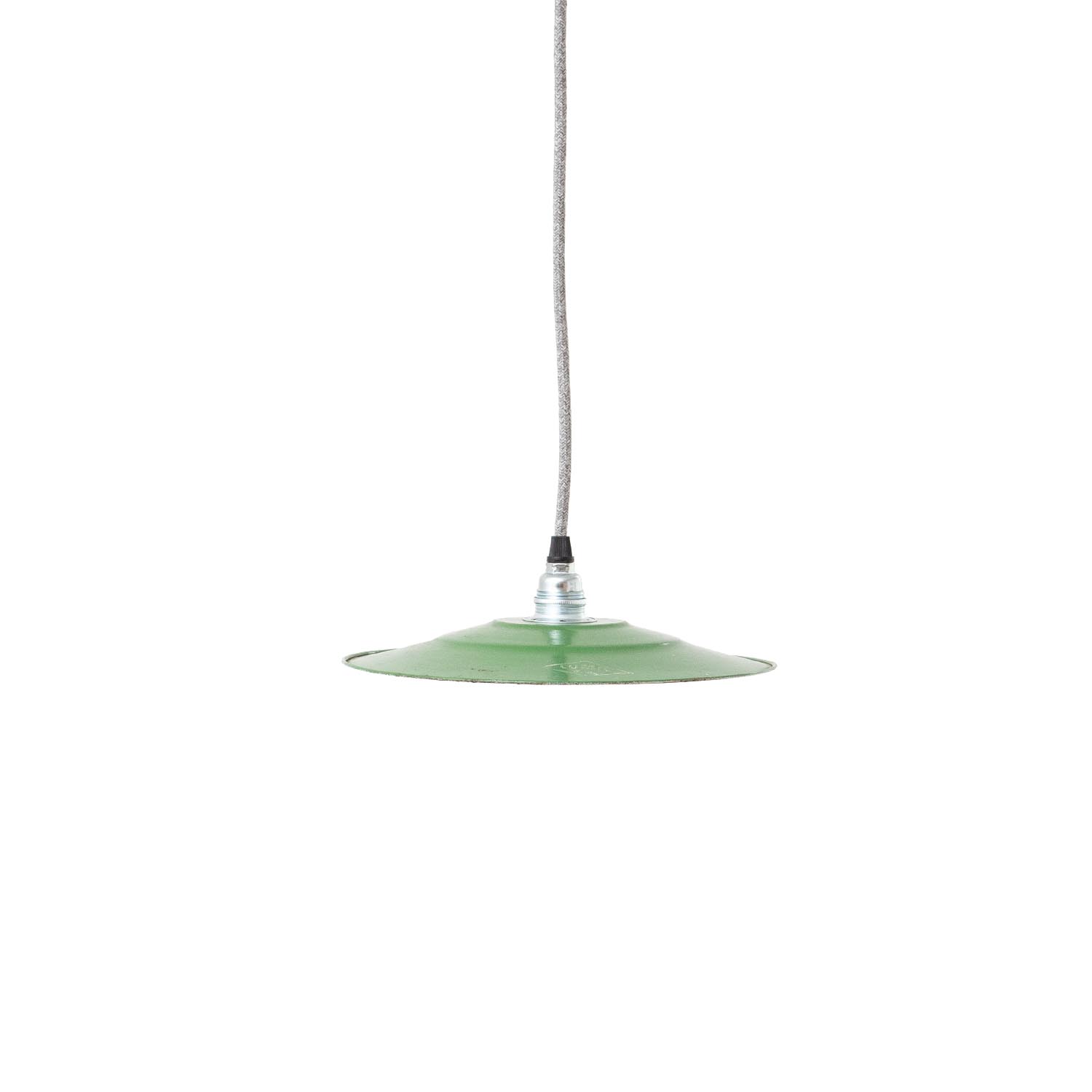 Flache grüne Hängelampe Ø 25 cm mit Aufdruck LUMIL aus Frankreich