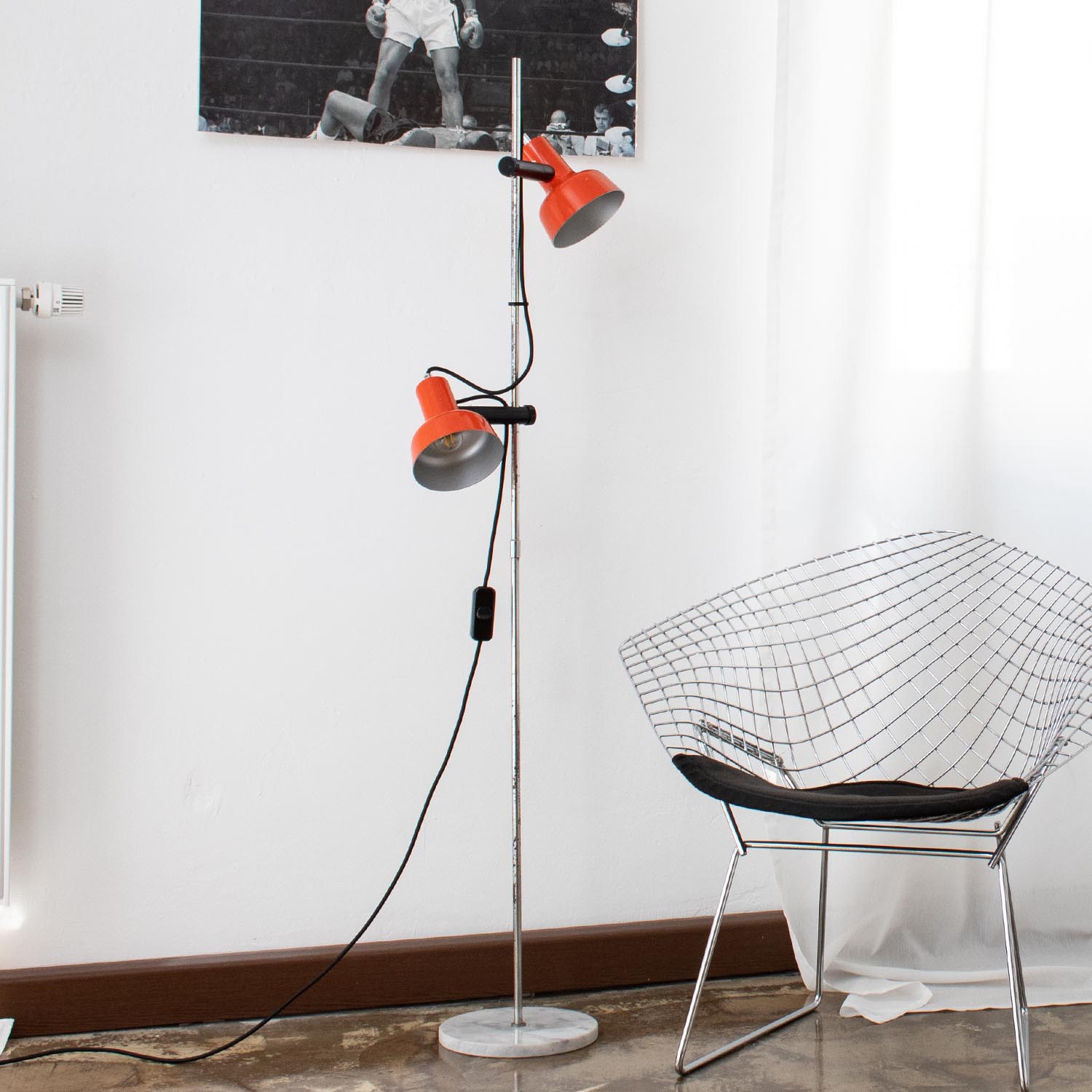 Vintage Stehlampe Orange mit 2 Spots 1970er mit Marmorsockel