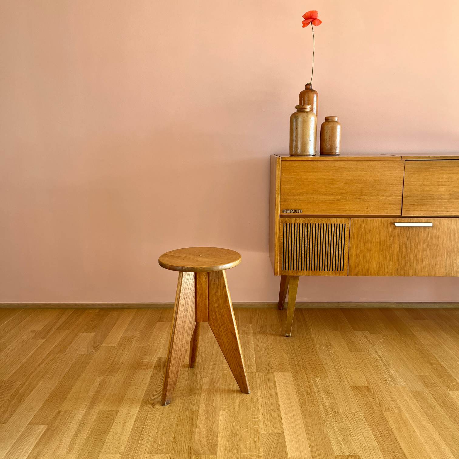 Vintage Holz Hocker aus Frankreich - im Stil Jean Prouvé 45 cm