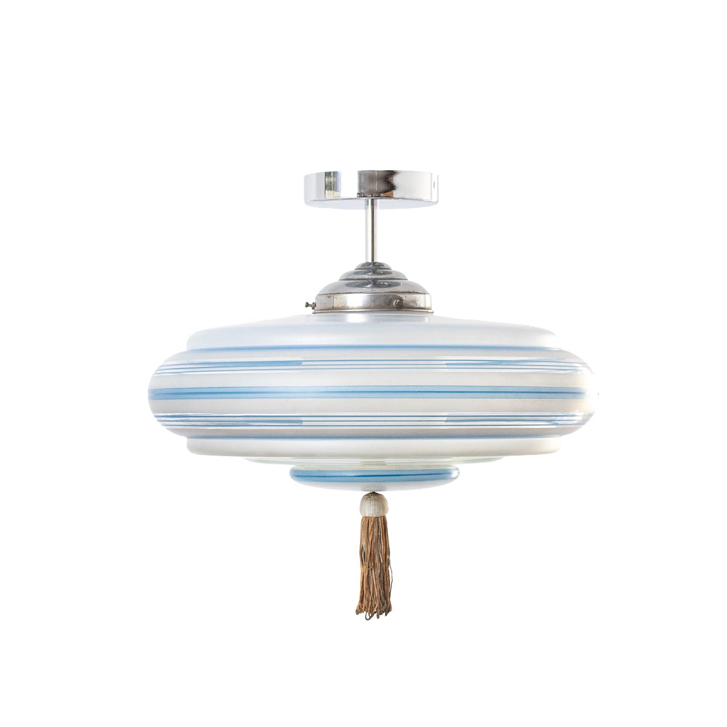 Vintage Art Déco Deckenleuchte Glas mit Quaste – Blau Gestreift ø 40 cm