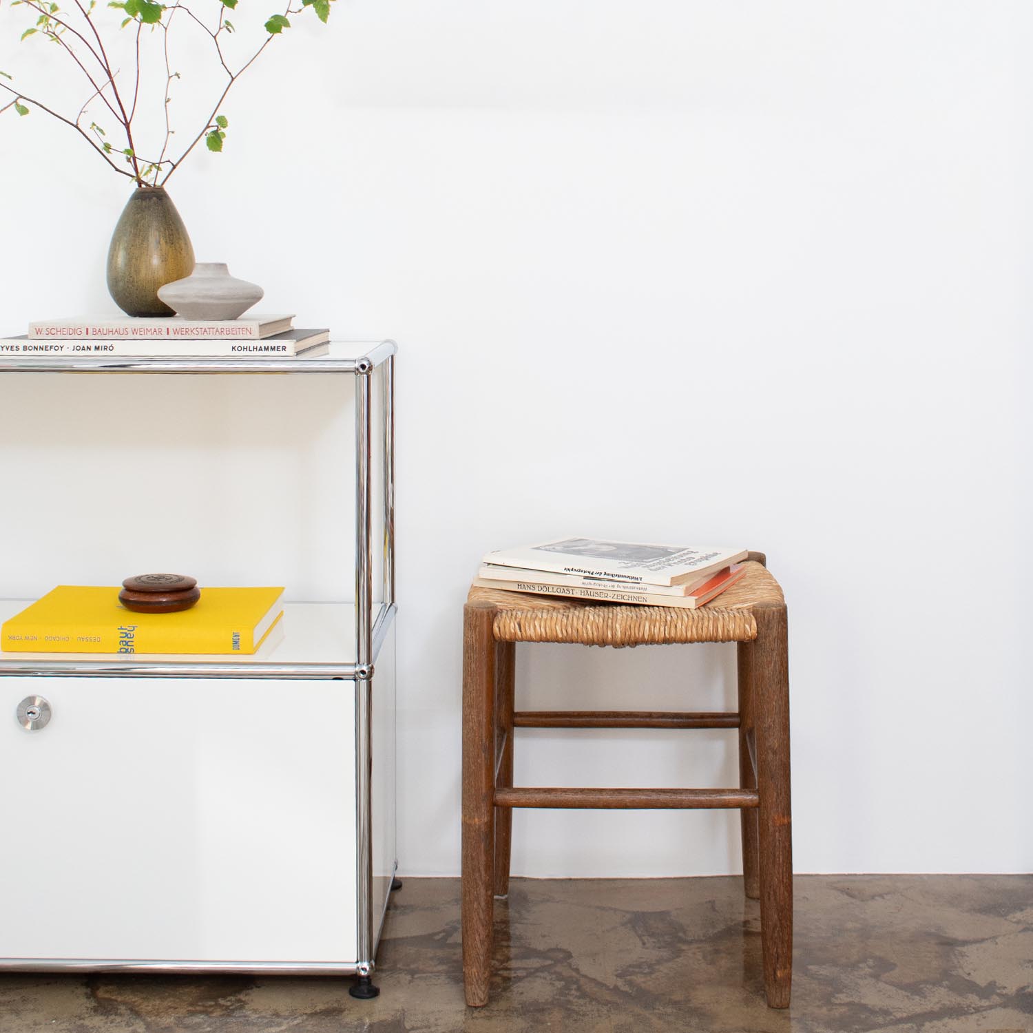 Vintage Holz Hocker Geflecht Bast - im Stil Charlotte Perriand 45 cm