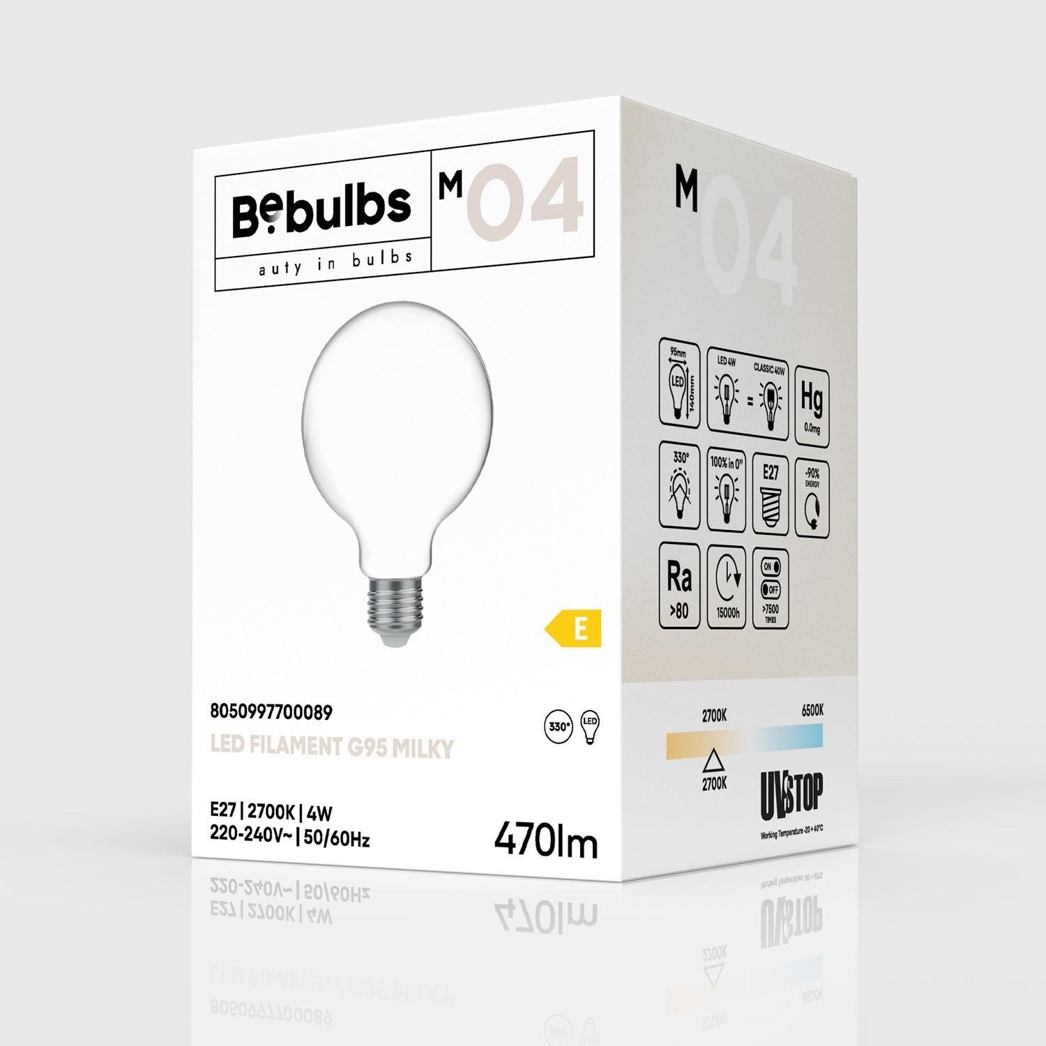 LED Globe G95 Glühbirne E27 Filament Milky Opal-Look 4 W warm-weiß 470 lm