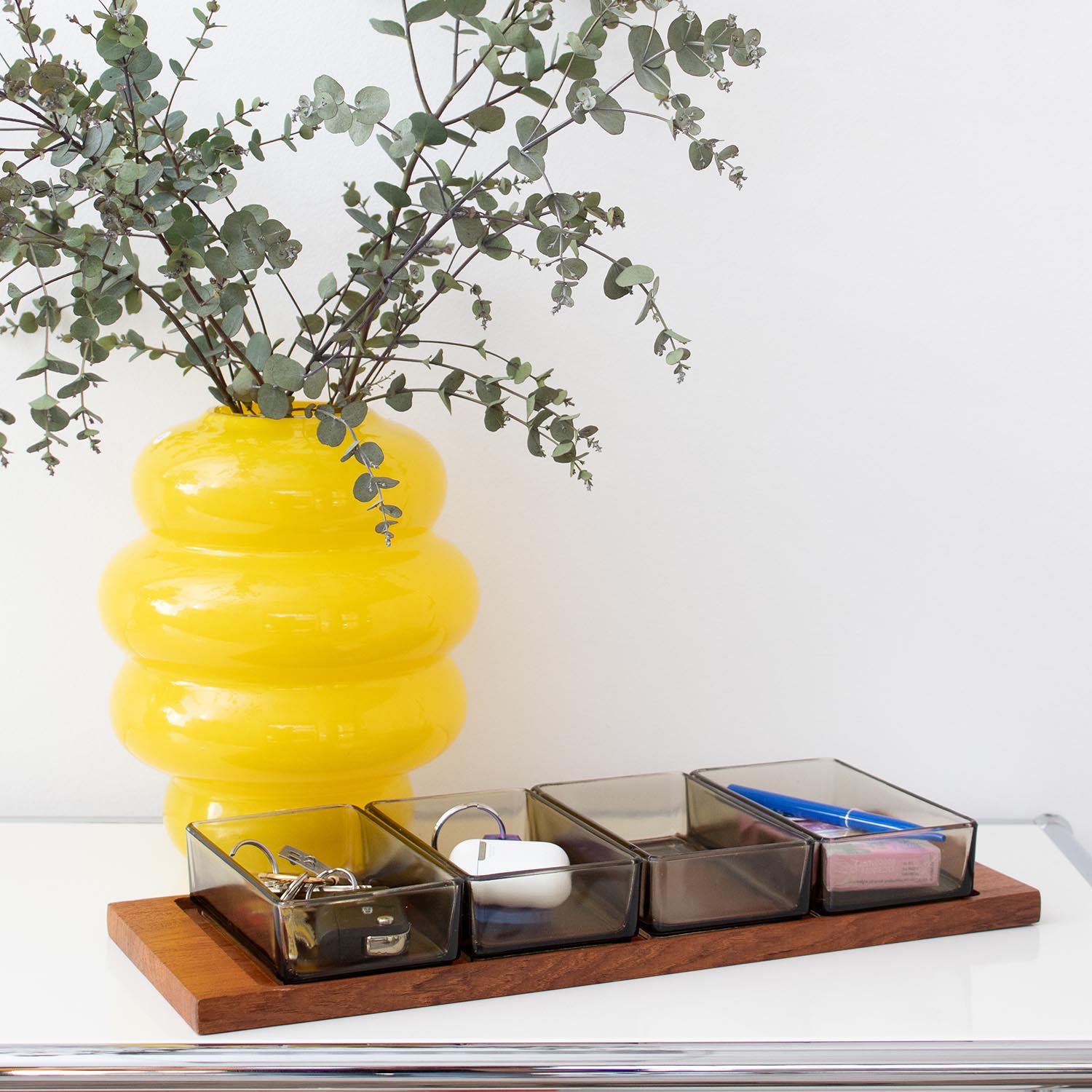 Midcentury Teak Servier Tablett + 4 Rauchglas Schalen