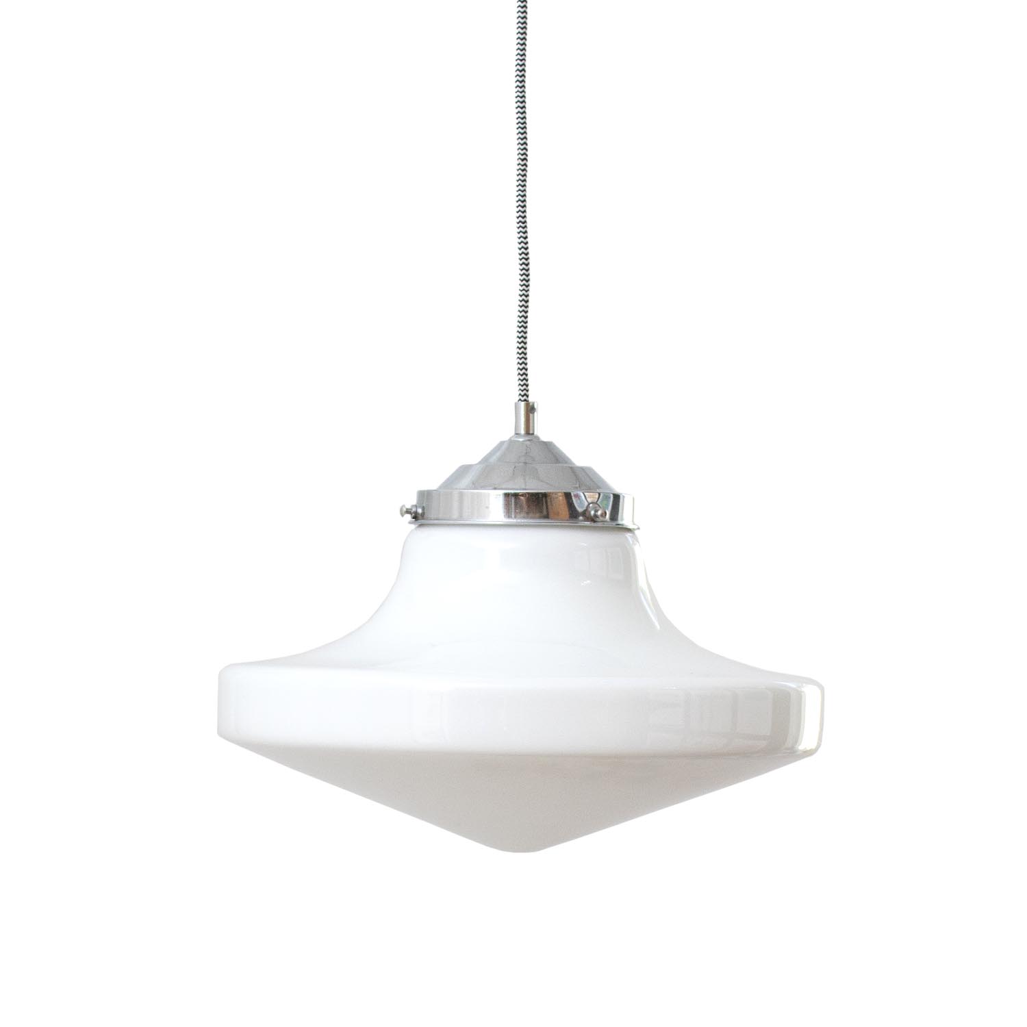 Opalglasleuchte-Kreisel-_1 Sehr alte Art-Déco weiße Diskus Opalglas Hängelampe Ø 34 cm