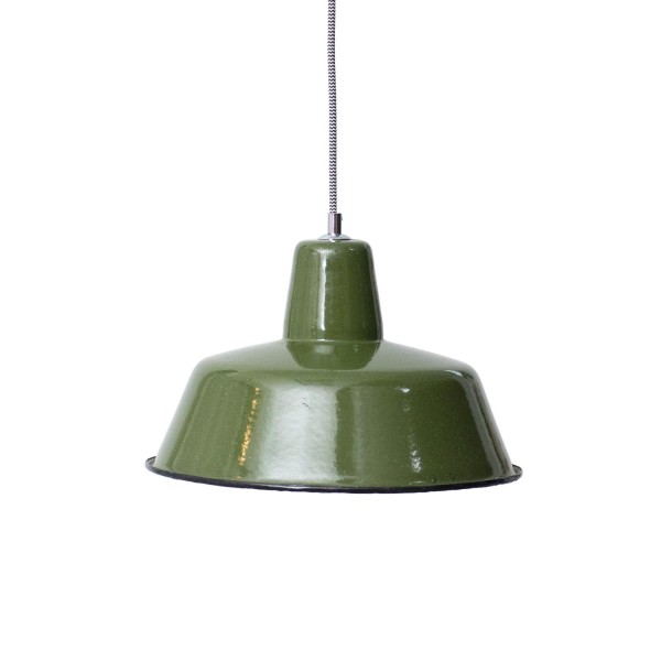 Vintage waldgrüne emaillierte Industrielampe Ø 33 cm mit Aufdruck