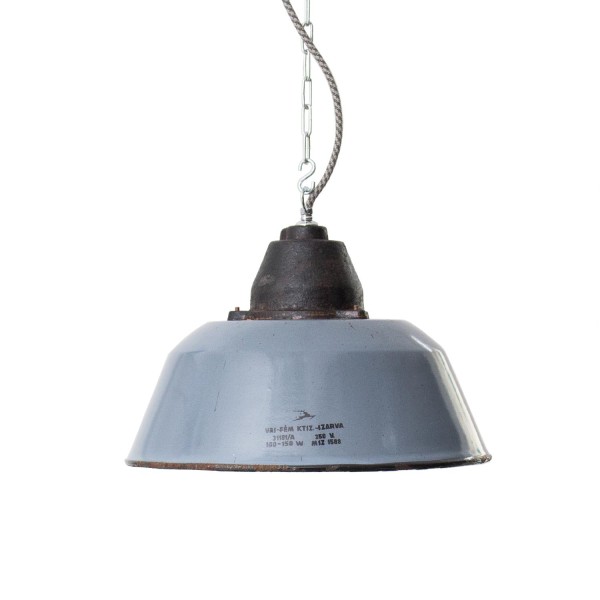 Alte Grau-blaue Industrielampe mit Patina Eisenkopf und Aufdruck Ø 36 cm